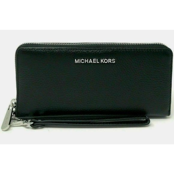 New Michael Kors Jet Set Large Travel Continental Wallet Leather Black / Silver - Picture 1 of 6